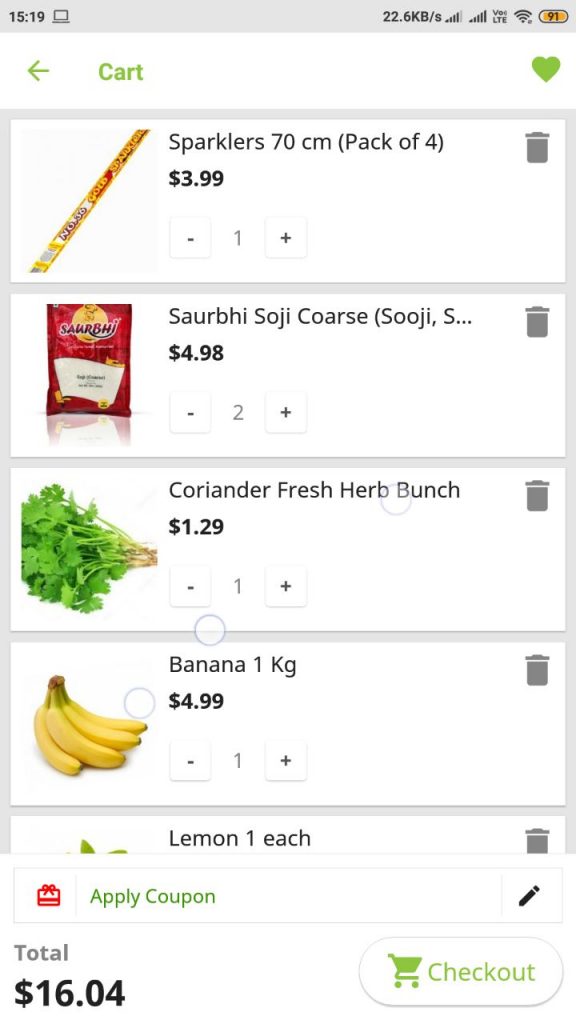 Screenshot of shopping cart in an app