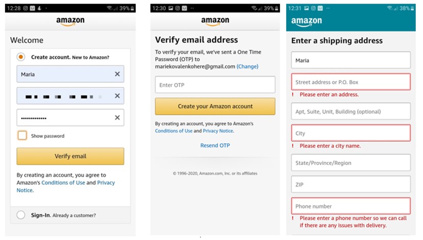 Screenshots showing the traditional way of registration process on apps