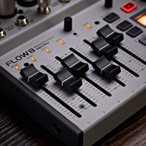 A close-up of the Flow-8's faders