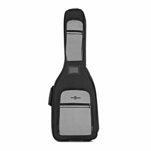 Black and grey Deluxe Padded Electric Guitar Gig Bag by Gear4music stood upright 