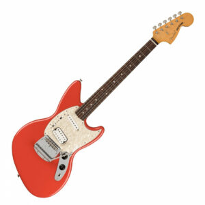 Fender Kurt Cobain Jag-Stang in Fiesta Red posed at an angle