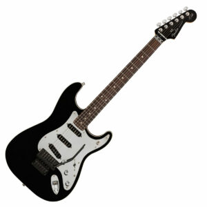 Black Fender Tom Morello Stratocaster Signature posed at an angle