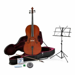 Gear4music beginner cello pack with cello, stand, cloth, string set, endpin stop, chromatic tuner, and case