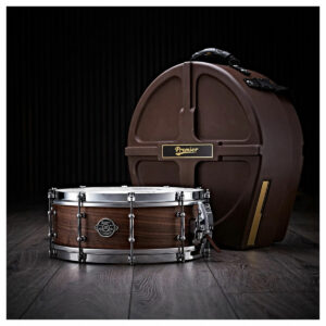 The Premier Della Porta 100 Limited Edition Snare Drum with Hard Case behind it 