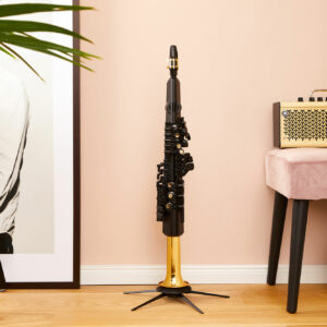 The Yamaha YDS 150 Electronic wind instrument stood on a stand with a picture, plant, stool, and radio behind