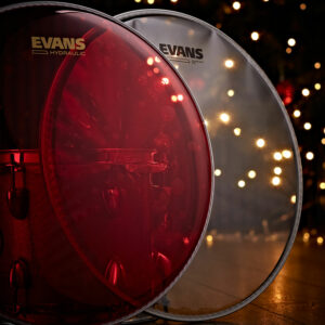 Evans Hydraulic Red Snare Drumhead & Snare Side Hazy 300 Pack with Christmas lights in the background