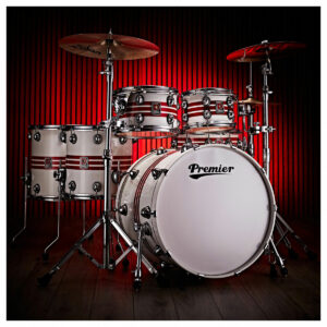 The Premier Genista 100SE 22" 6pc Shell Pack, Special Edition in a studio with red lighting 