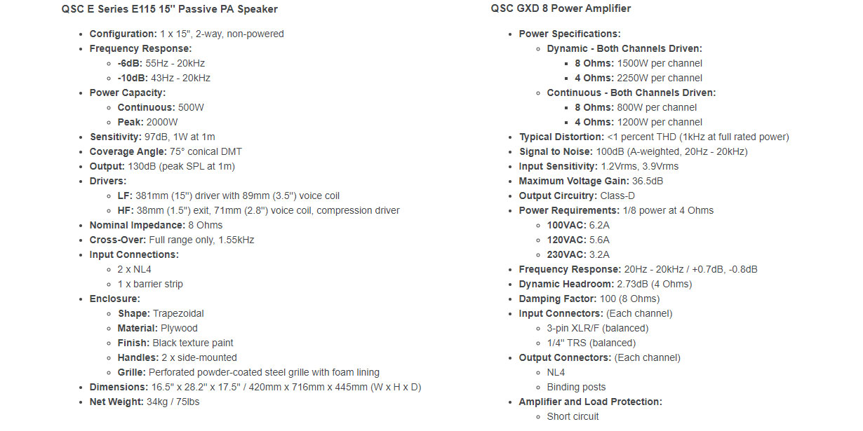 Passive PA speaker and power amp specifications