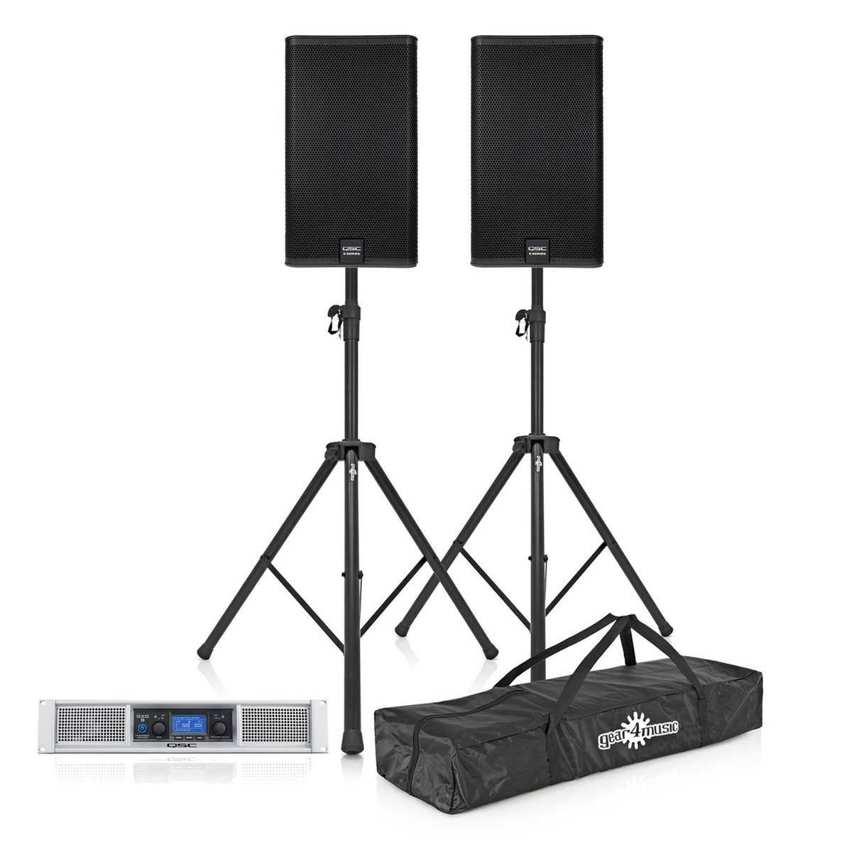 QSC E Series E115 PA System with GXD 8 Power Amp and Stands