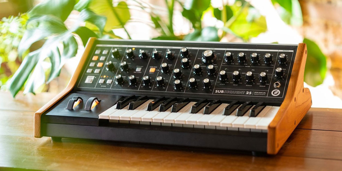 Moog Subsequent 25 synthesizer on a desk