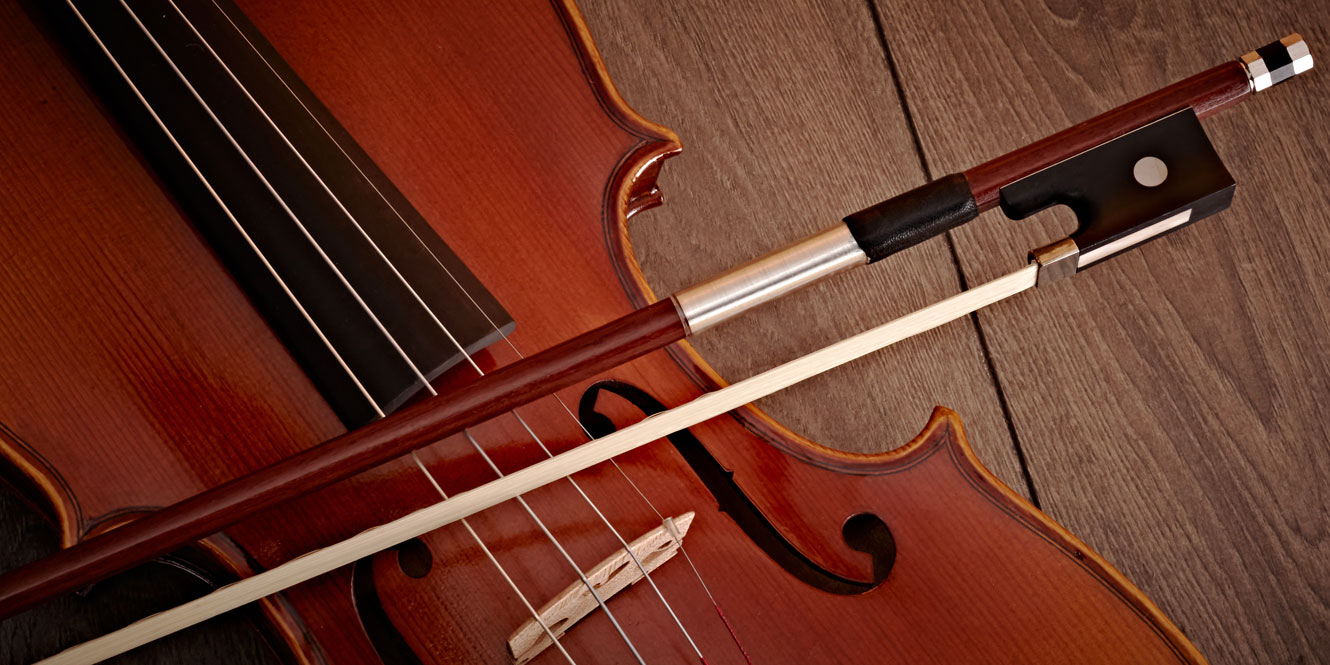 Violin Bow by Gear4music lying across the strings of a violin