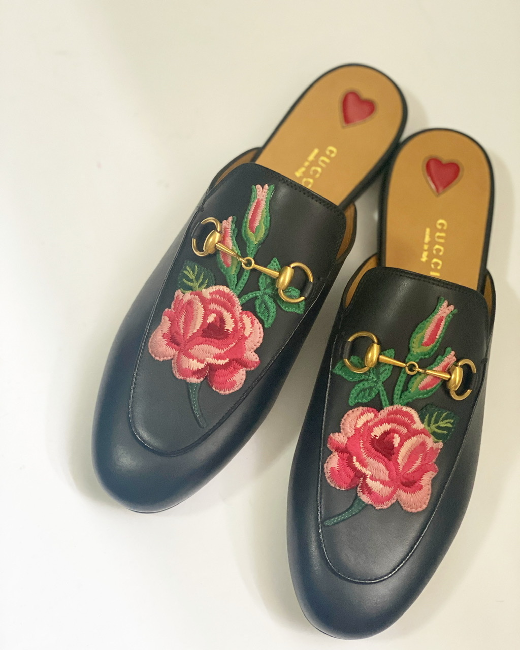 Black Leather Rose Embroidered Princetown Horsebit Flat Mules Size - BrandConscious Authentics