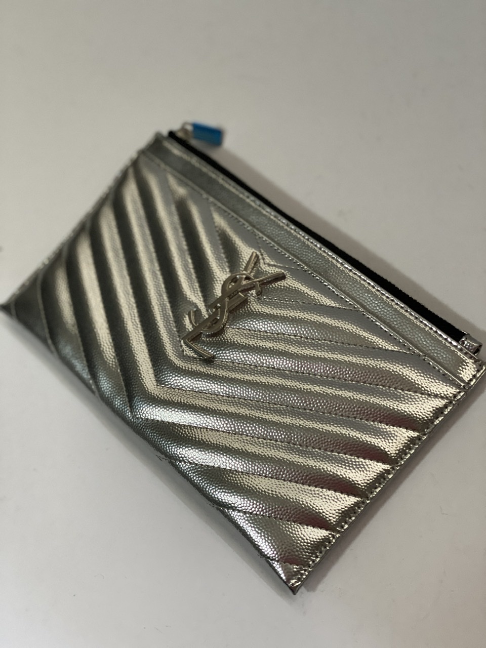 Saint Laurent Monogram YSL Metallic Quilted Bill Pouch Wallet