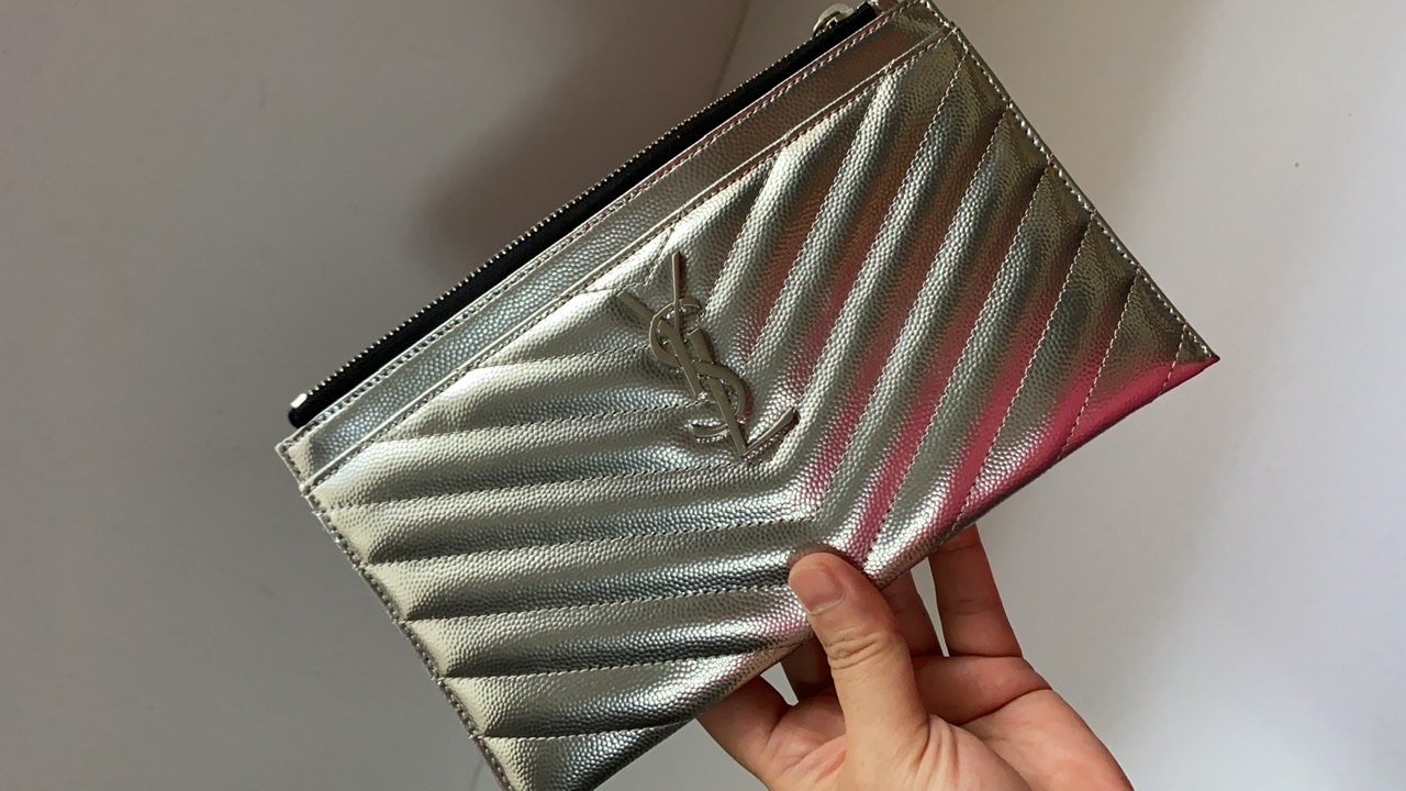 Saint Laurent Monogram YSL Metallic Quilted Bill Pouch Wallet