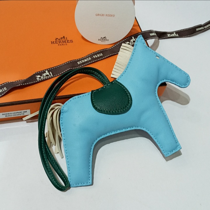 Hermes Celeste Bleu de Malte Kraft Milo Lambskin Leather Grigri Rodeo Horse GM Bag Charm