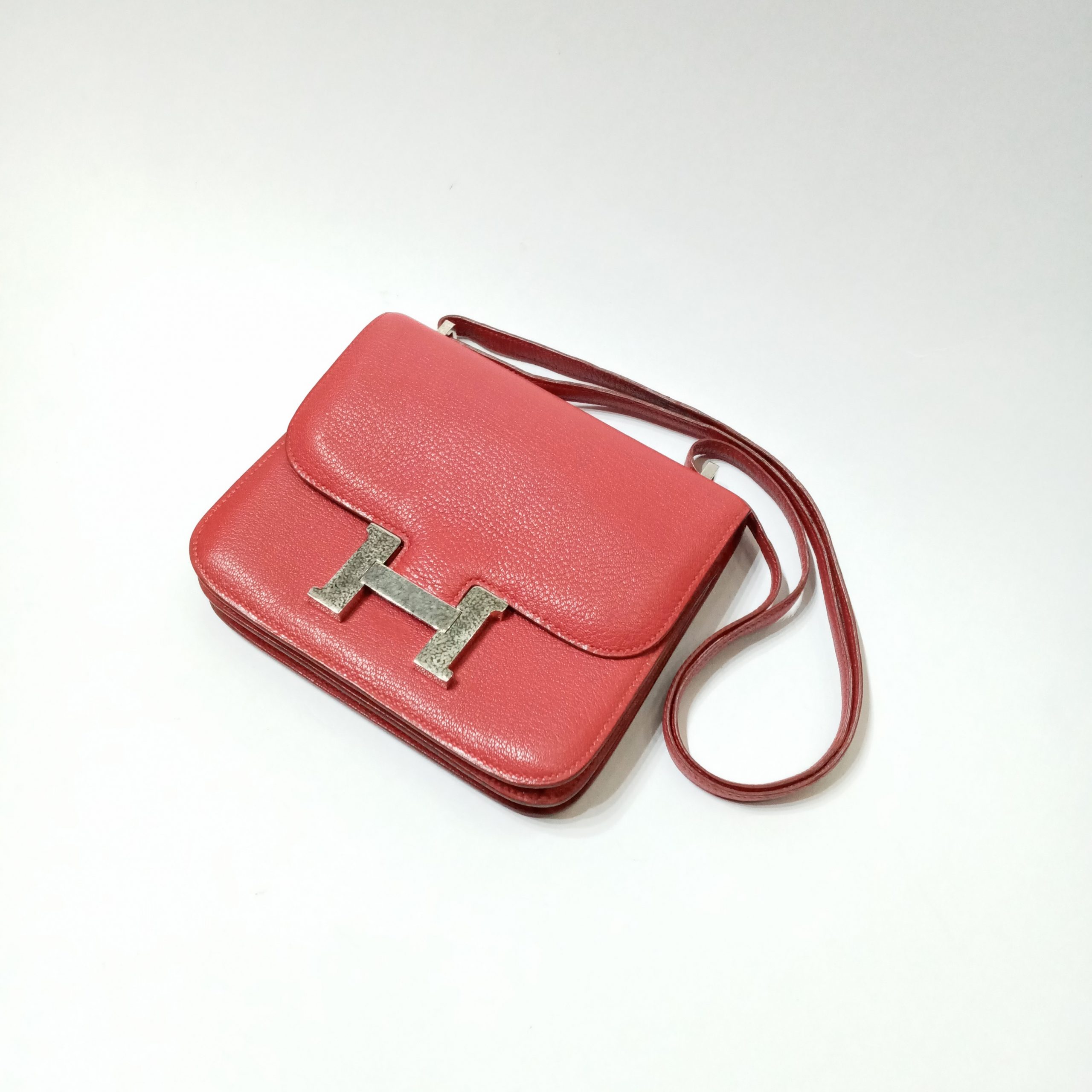 67016 auth HERMES Braise red CROC CONSTANCE 18 Shoulder Bag