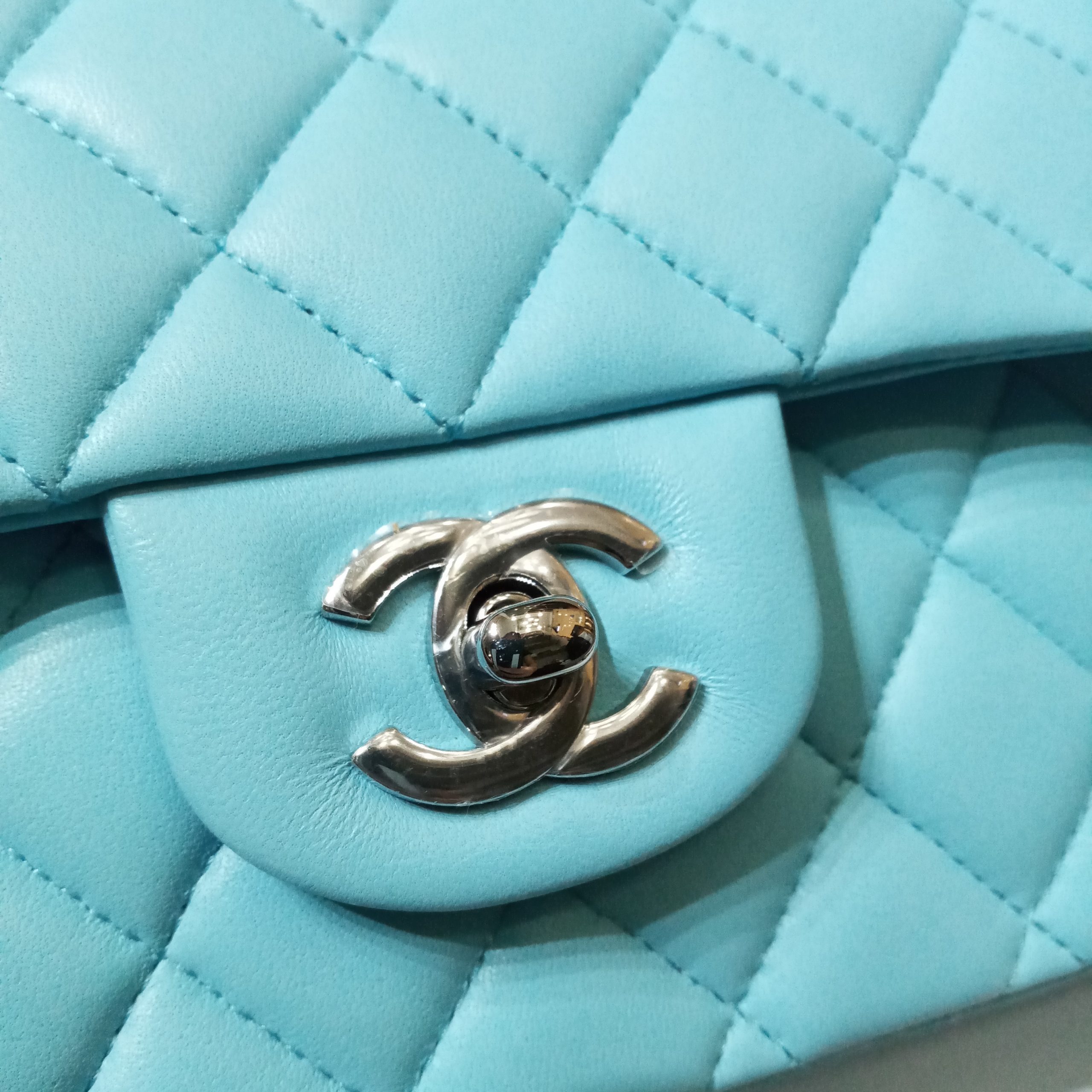 Light Blue Quilted Caviar Leather Small Classic Double Flap Bag