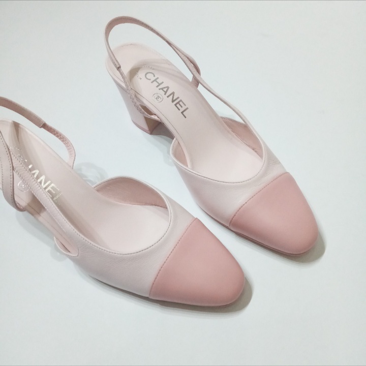 CHANEL CC Logo Cap Toe Sling Back Shoes Pastel Pink Blush