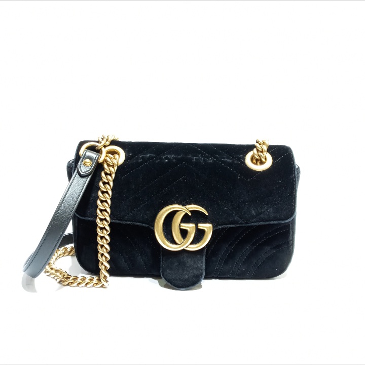 gucci marmont small flap handbag / purse black velvet lightly used