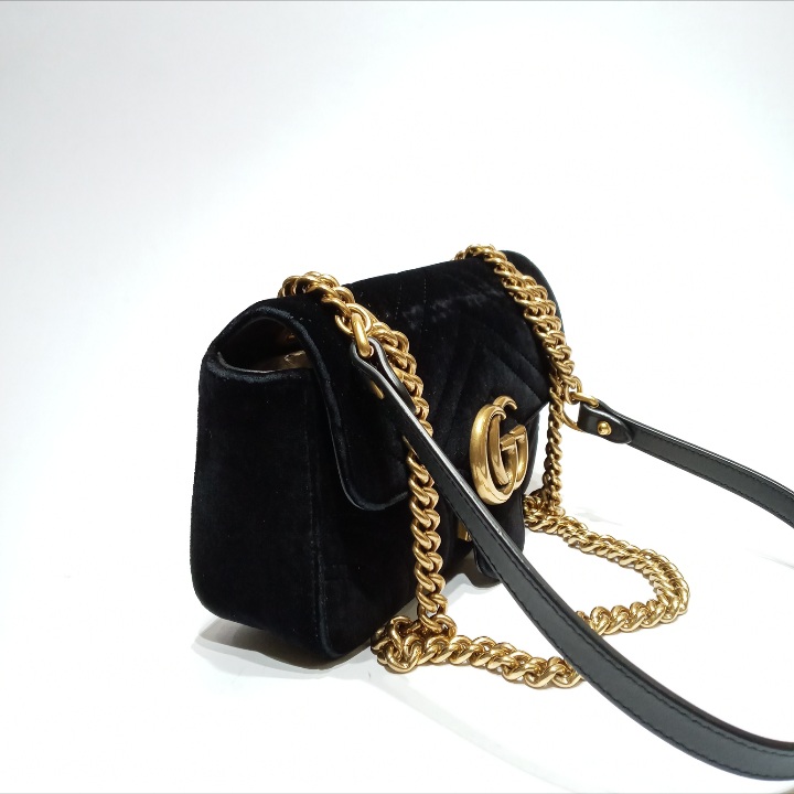 gucci marmont small flap handbag / purse black velvet lightly used