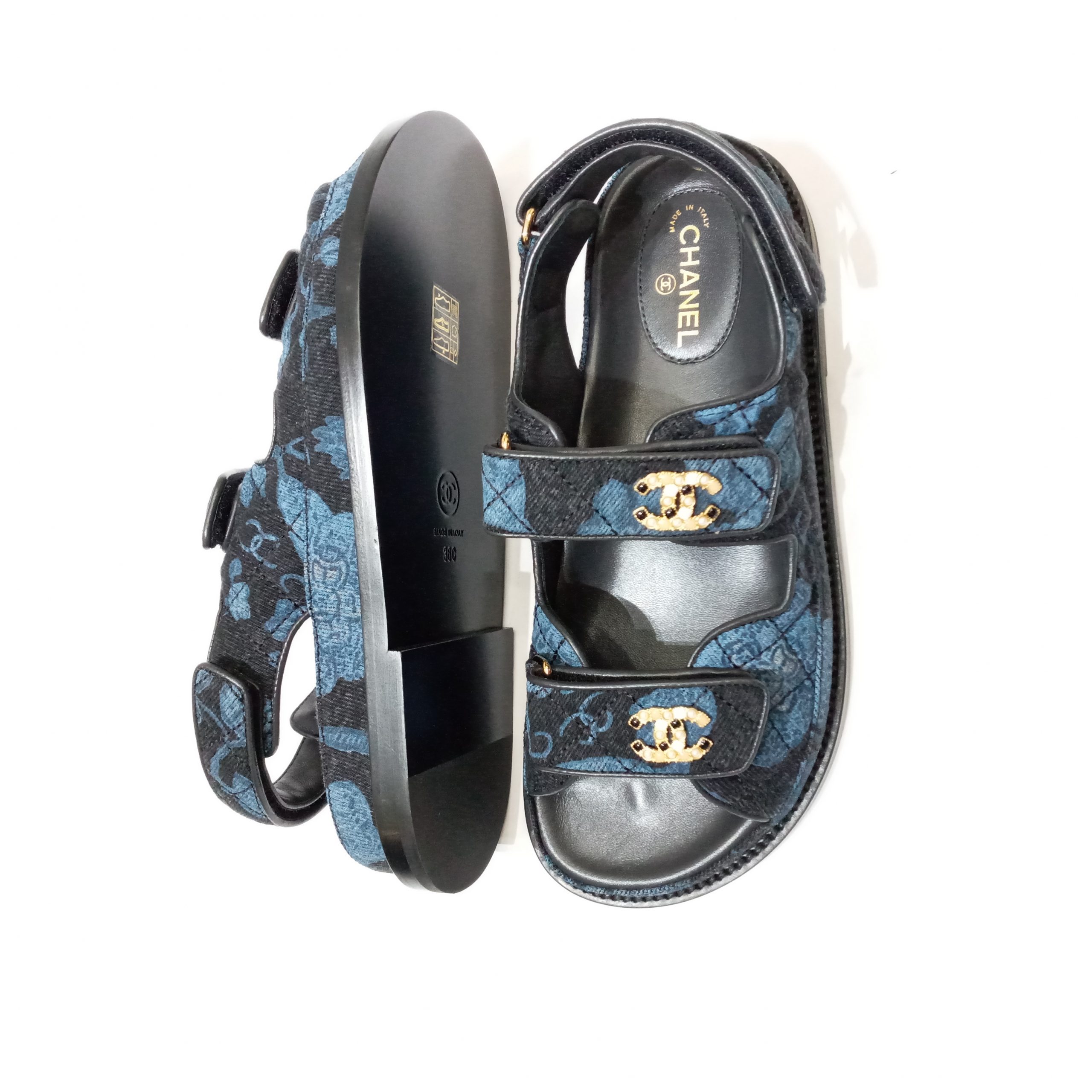 Chanel Denim Dad Sandal. “Grey Velvet” color. New in box. 38.5