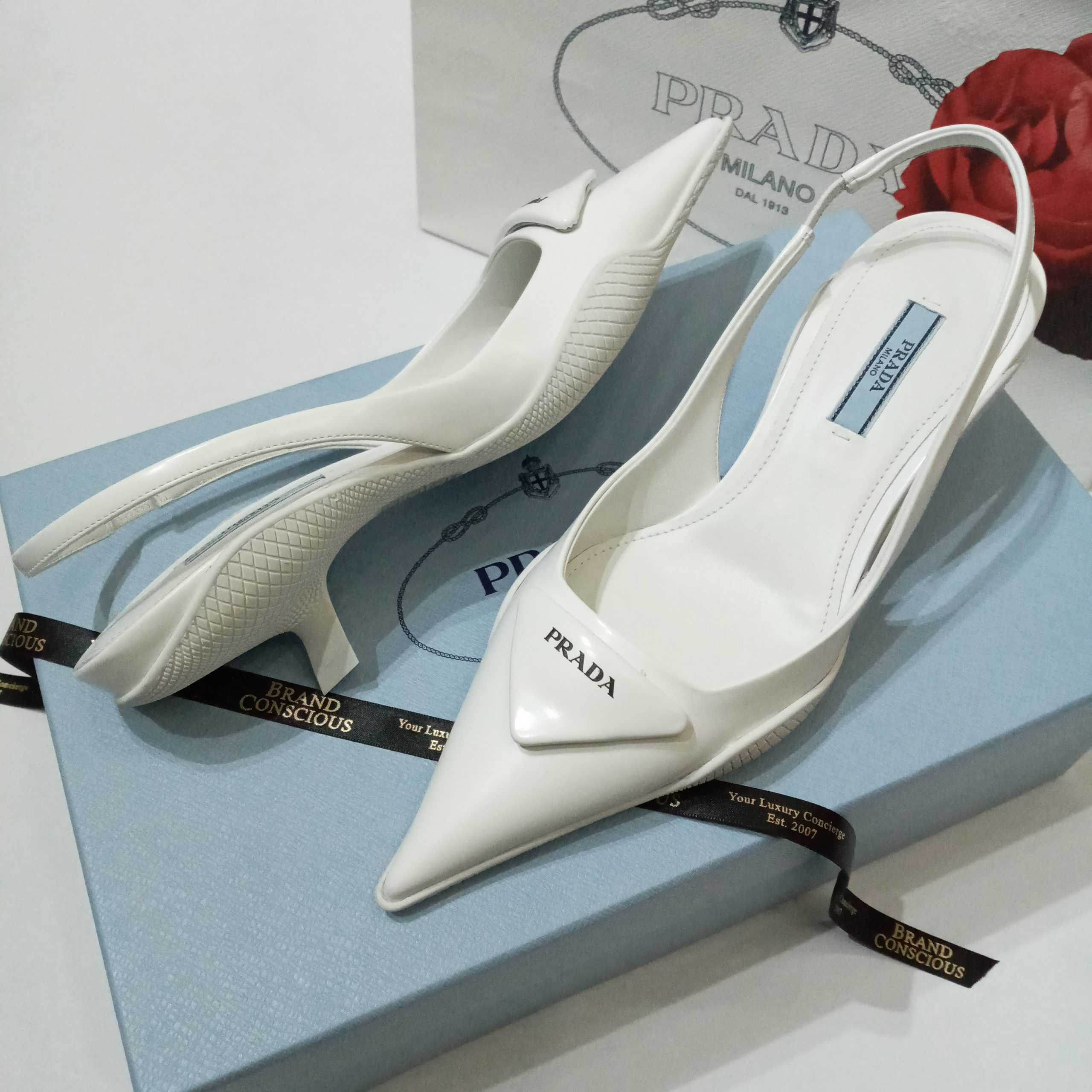 Prada Pointed Slingback Pumps White Size  - BrandConscious Authentics