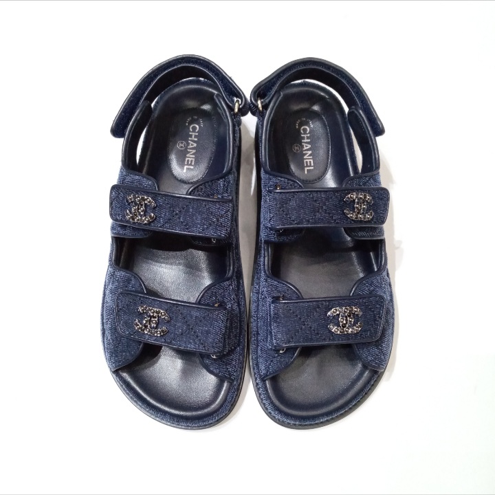 Chanel Light/Dark Blue Knit Fabric Velcro Dad Sandals sz 38 For