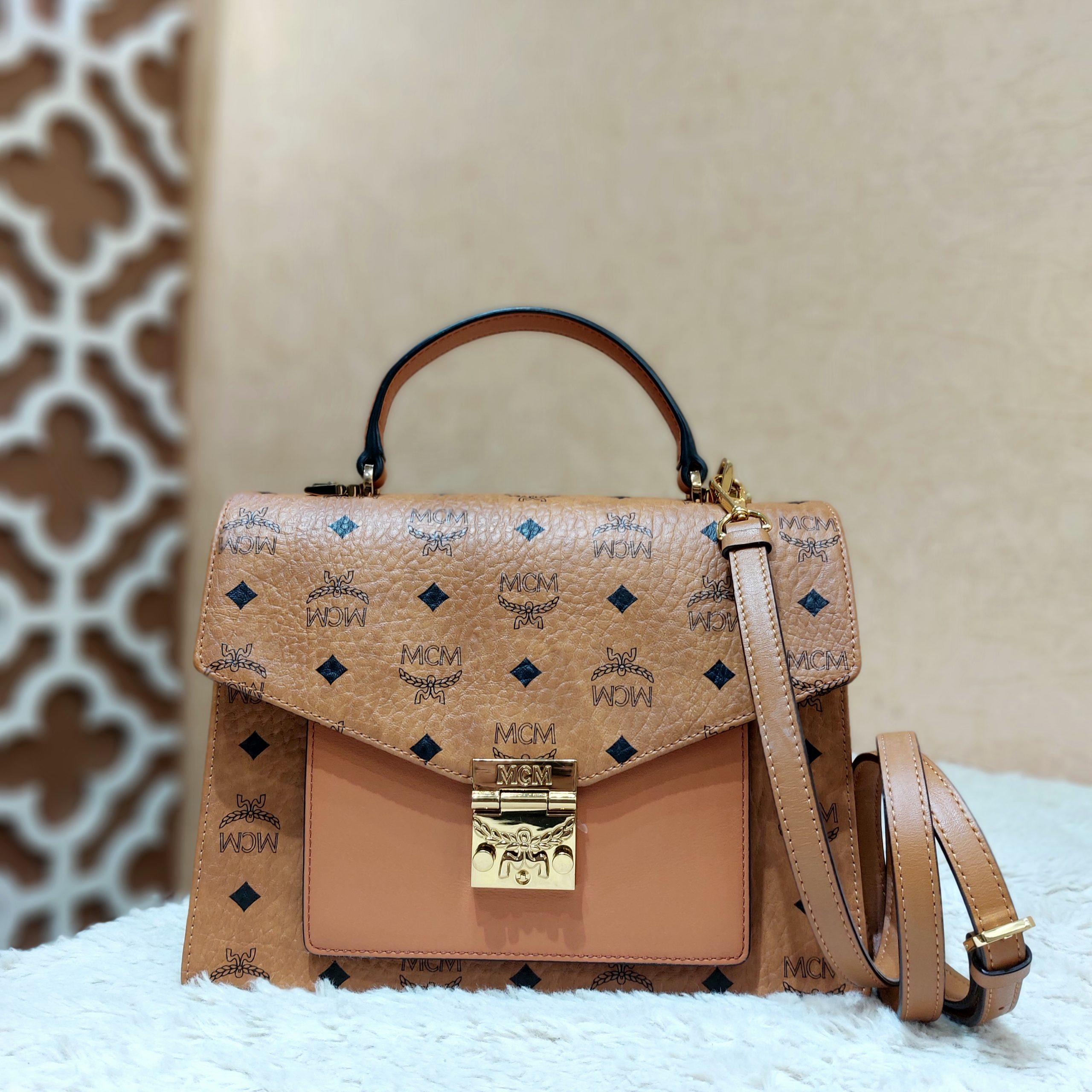 MCM Cognac Visetos Coated Canvas and Leather Patricia Top Handle Bag at  1stDibs