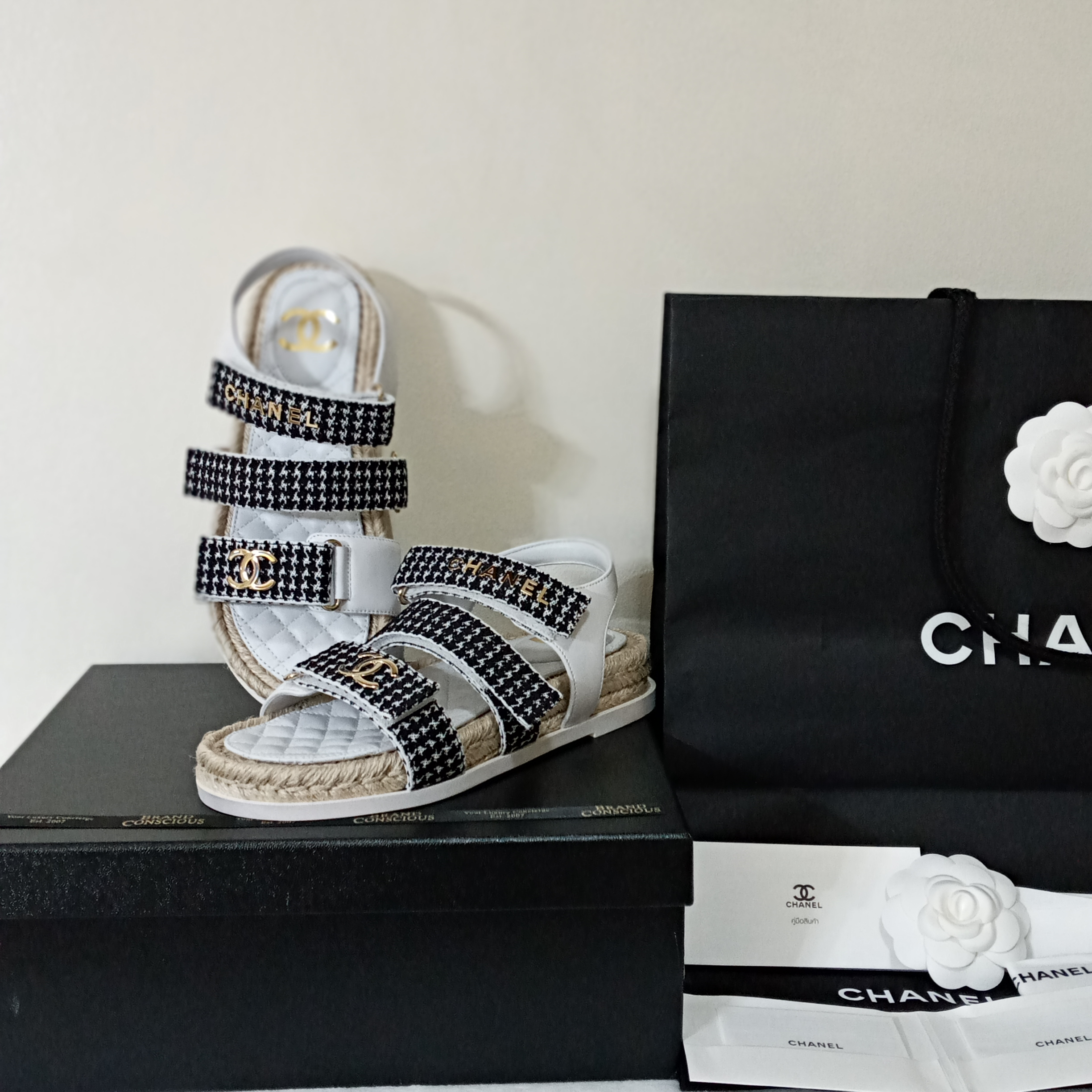 Chanel Stretch Fabric & Lambskin White/Black Sandals Size 36 -  BrandConscious Authentics
