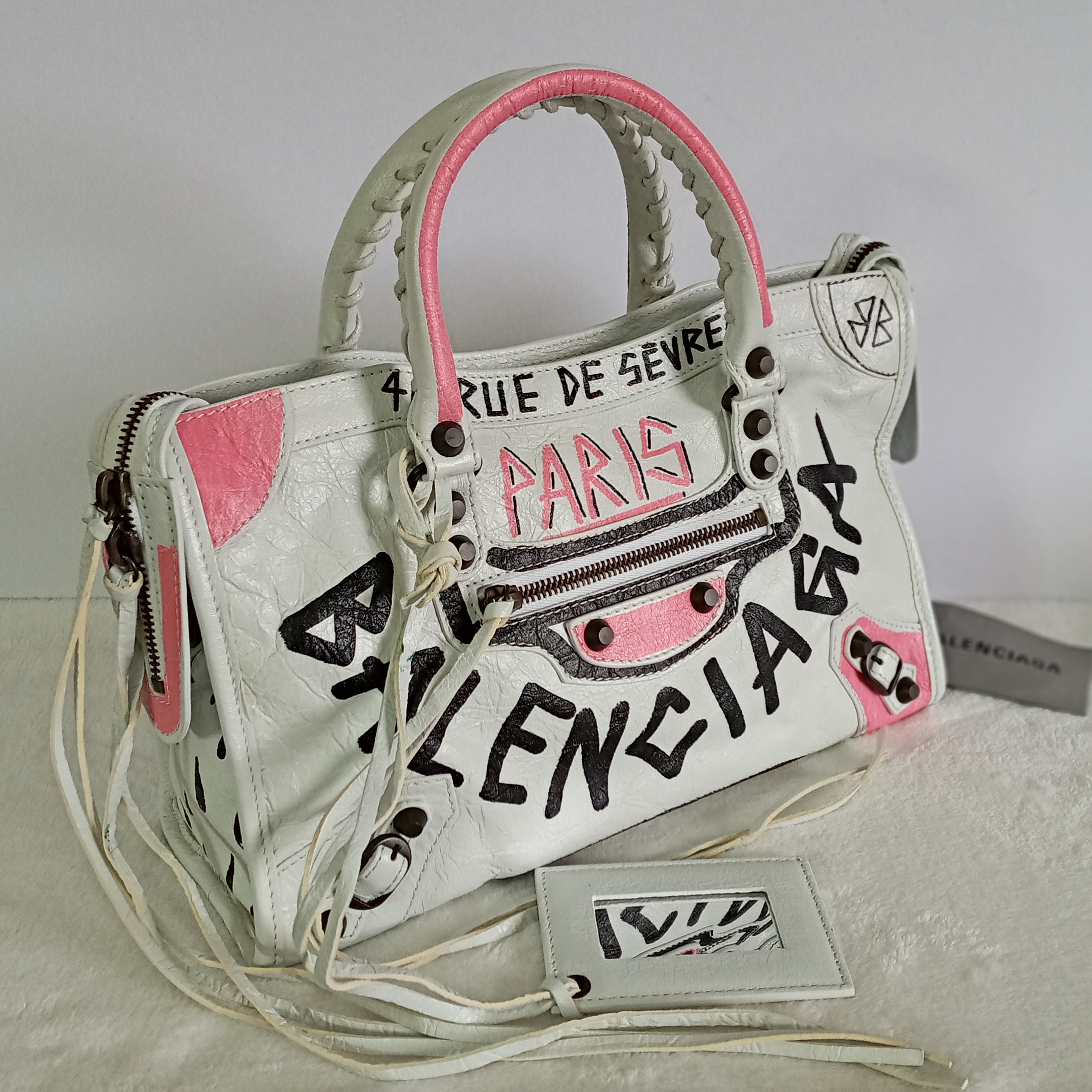 Best Quality 1:1 Mirror White & Pink Leather Balenciaga Graffiti Mini City  Bag