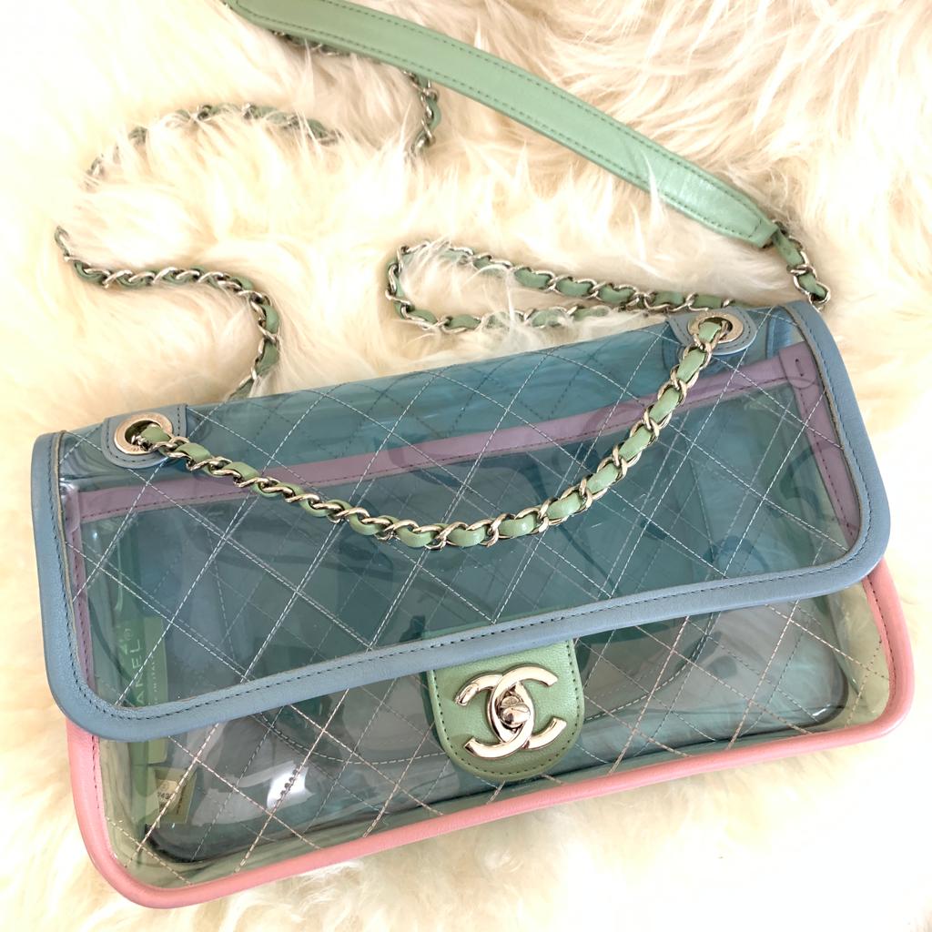 CHANEL Lambskin PVC Quilted Medium Coco Splash Flap Blue Green