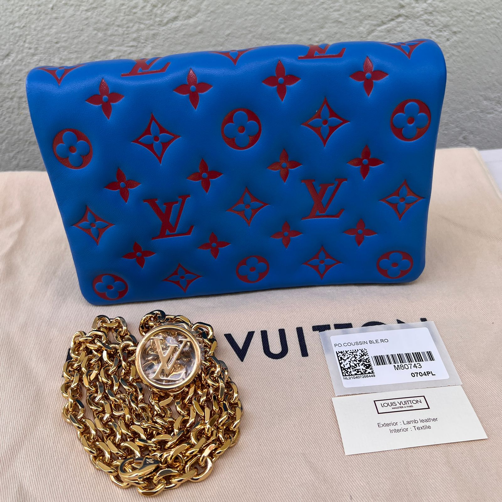 M80743 Louis Vuitton Embossed Lambskin Pochette Coussin-Blue/Red