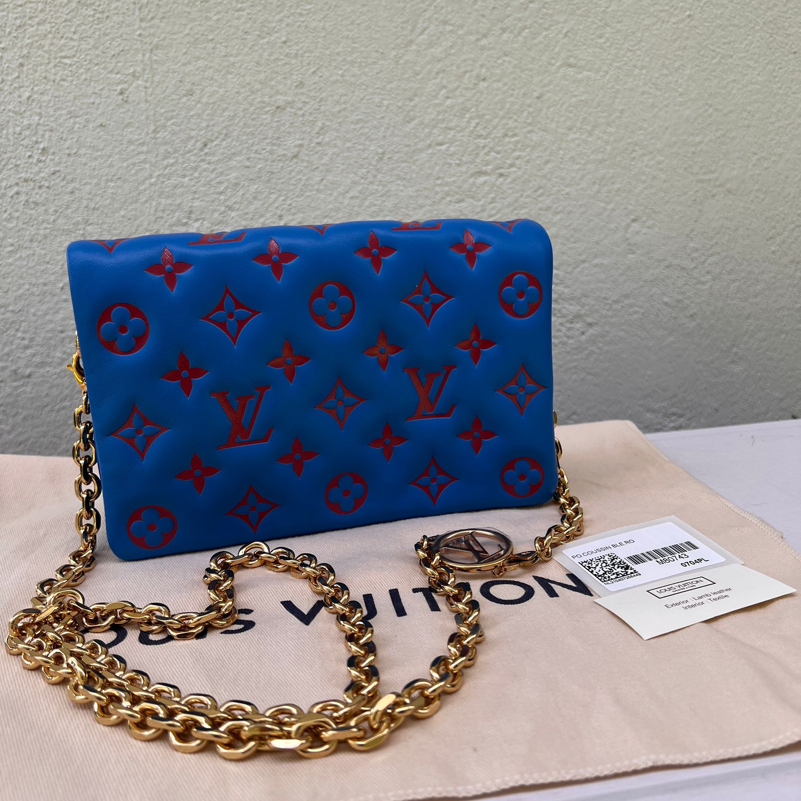 M80743 Louis Vuitton Embossed Lambskin Pochette Coussin-Blue/Red