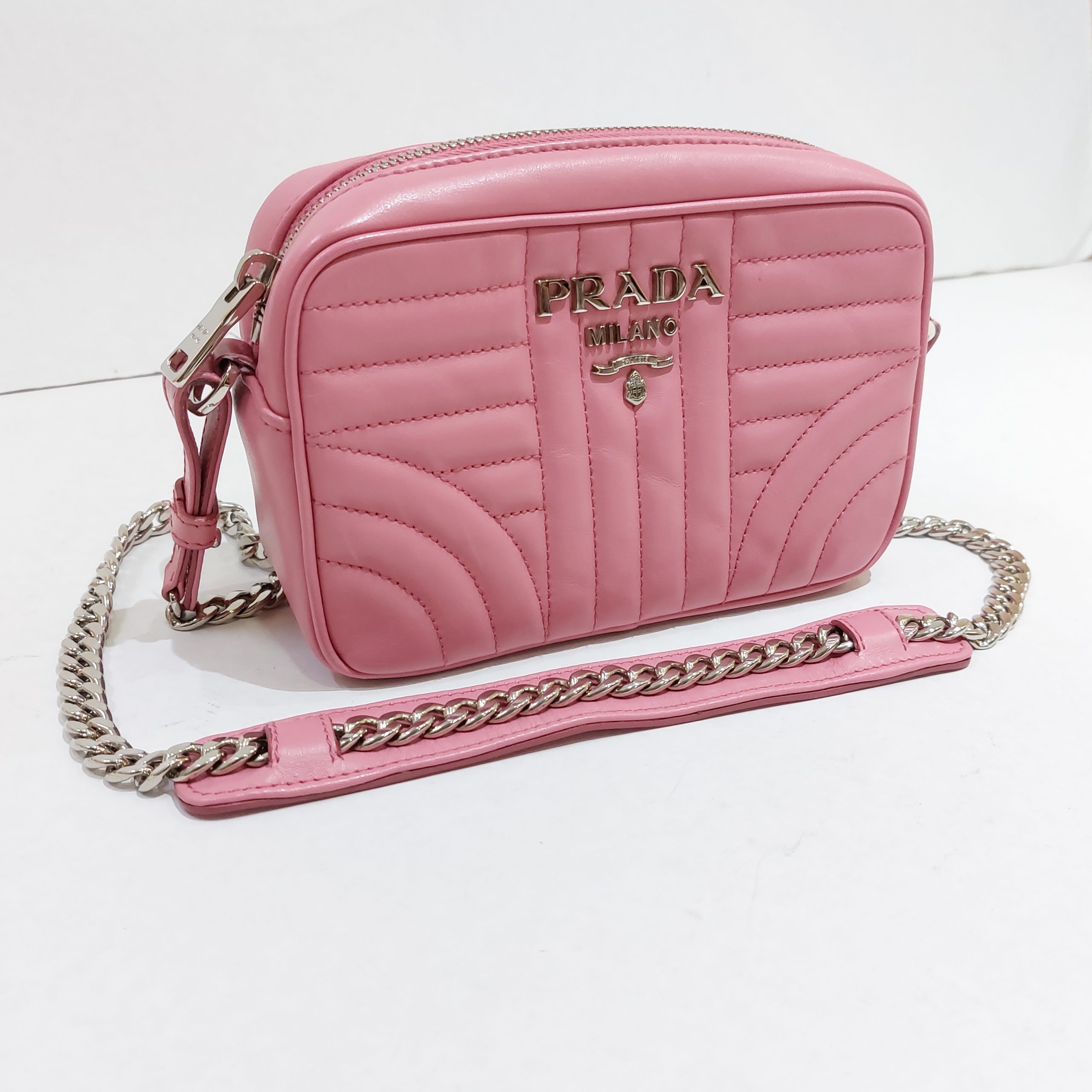 New Prada Peonia Pink Vitello Phenix Leather Double Zip Crossbody 1BH079 