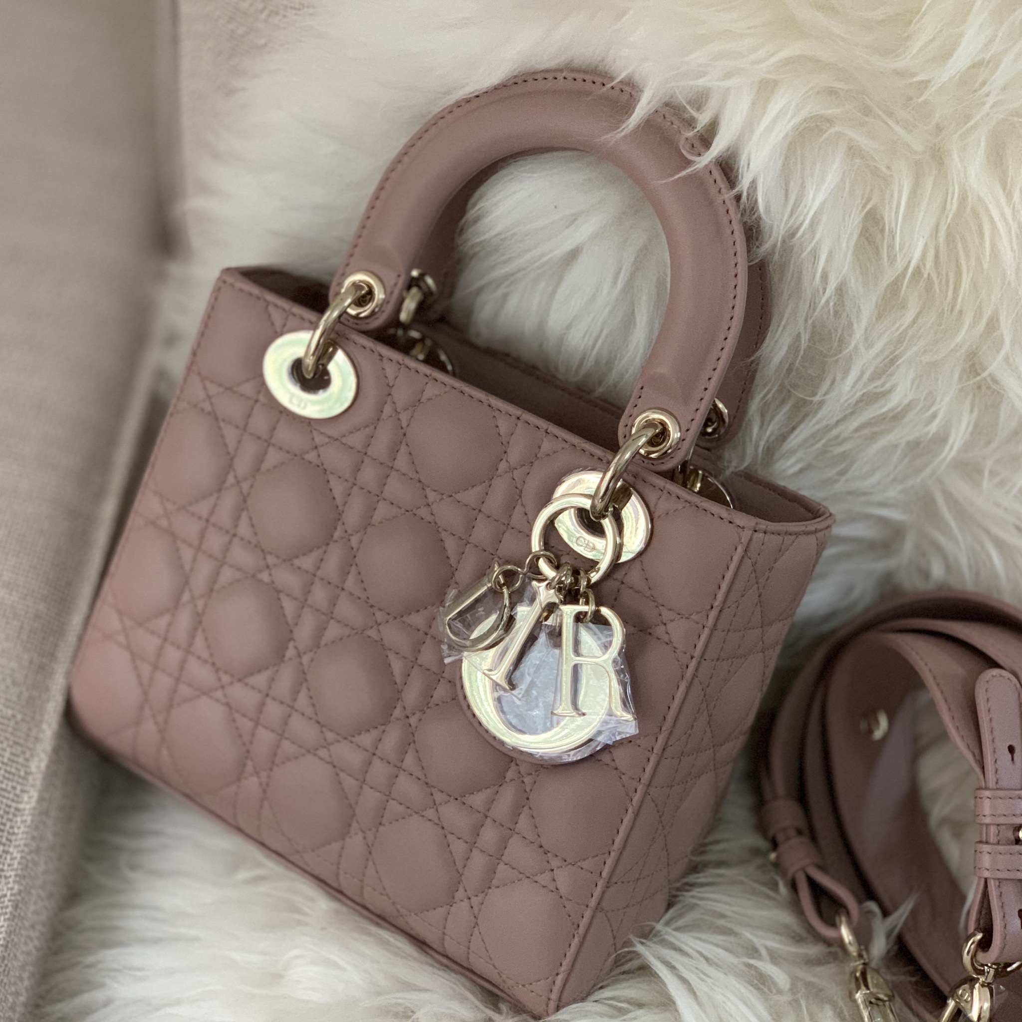 TÚI Dior Women Mini Lady Dior Bag Pearlescent Cannage LambskinPink