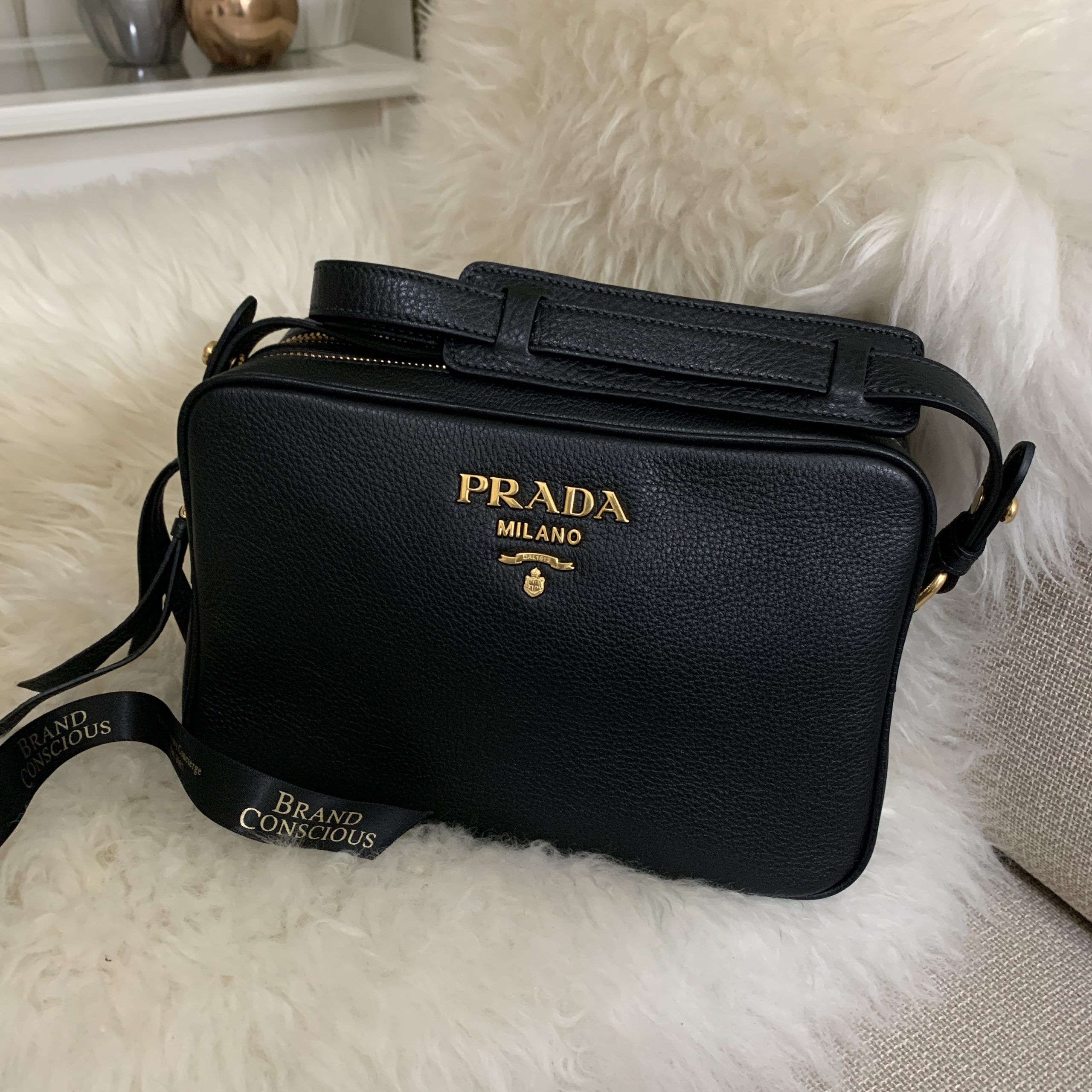 New Prada Black Vitello Phenix Leather Double Zip Cross Body Bag 1BH079 