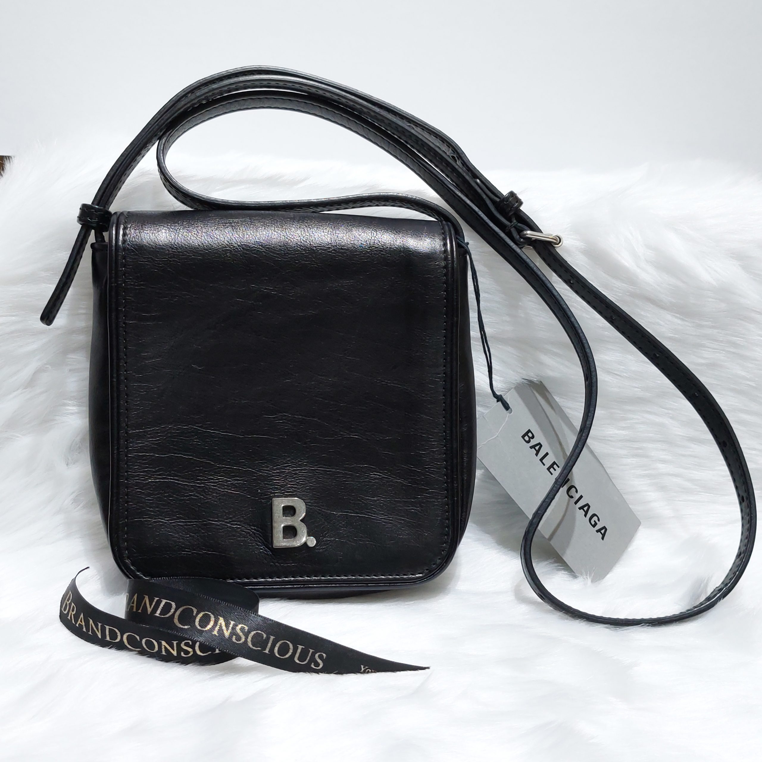Balenciaga Black Leather B Wallet on Chain Crossbody Bag  Yoogis Closet