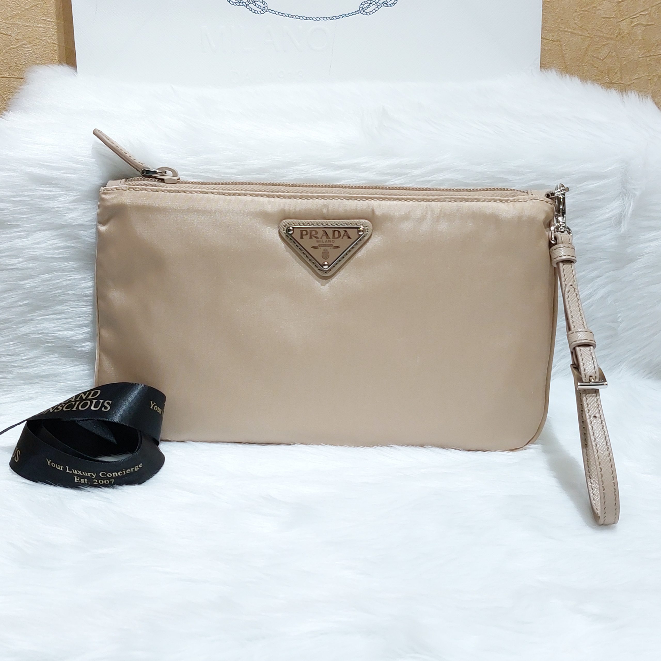 Prada Cammeo Tessuto Nylon Pouch Prada Logo Wristlet Clutch Bag 1NH545 -  BrandConscious Authentics