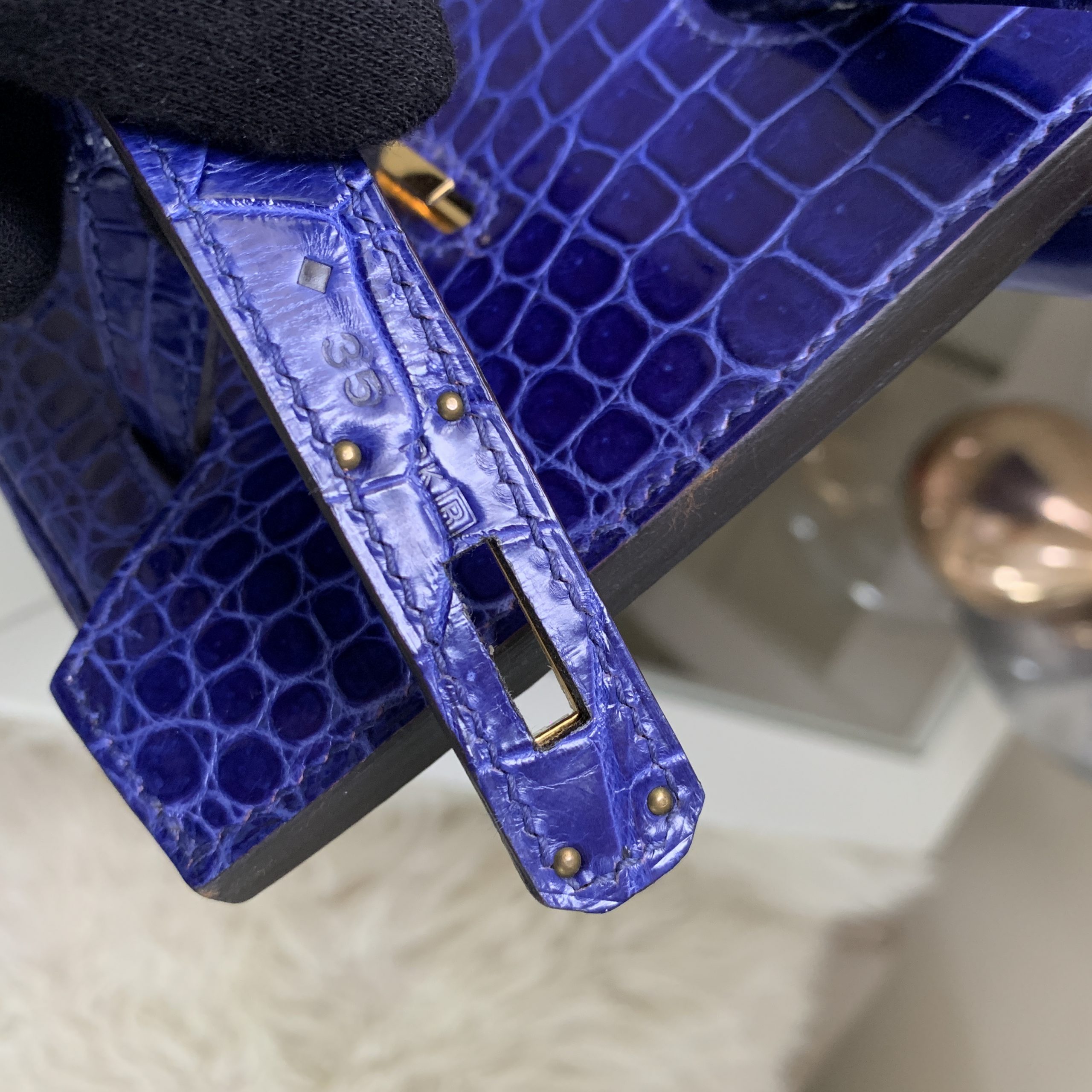 HERMES Shiny Porosus Crocodile Birkin 35 Bleu Electrique 793999