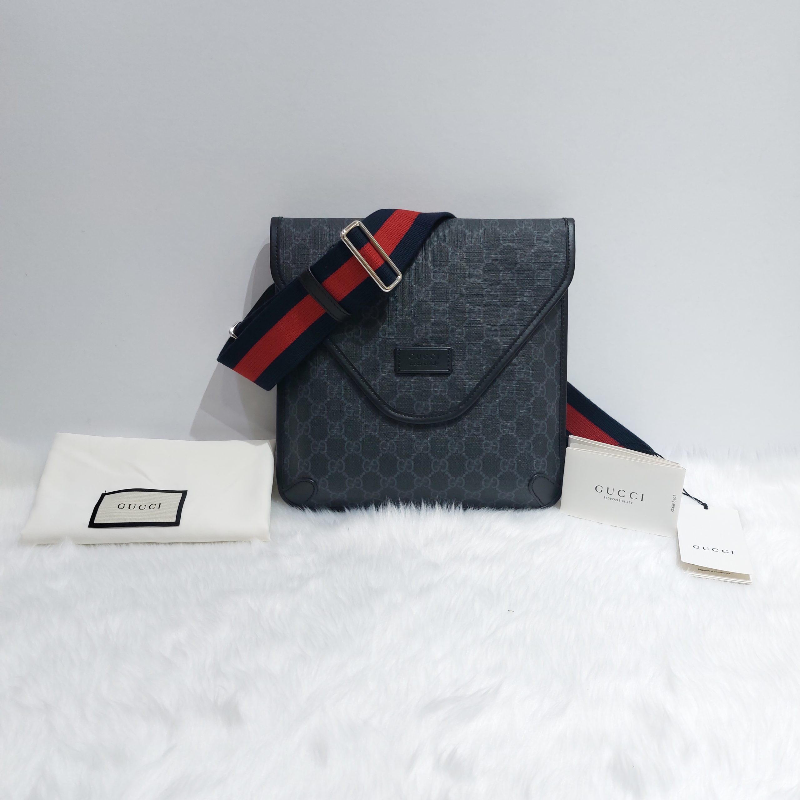 Gucci GG Supreme Monogram Web Flap Messenger Bag Black 