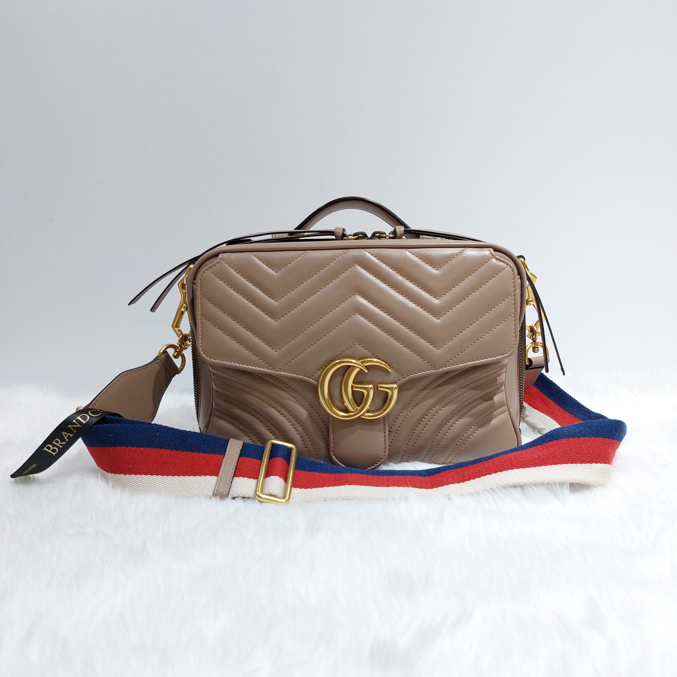 Gucci Red/Beige GG Canvas and Leather Small GG Marmont Top Handle