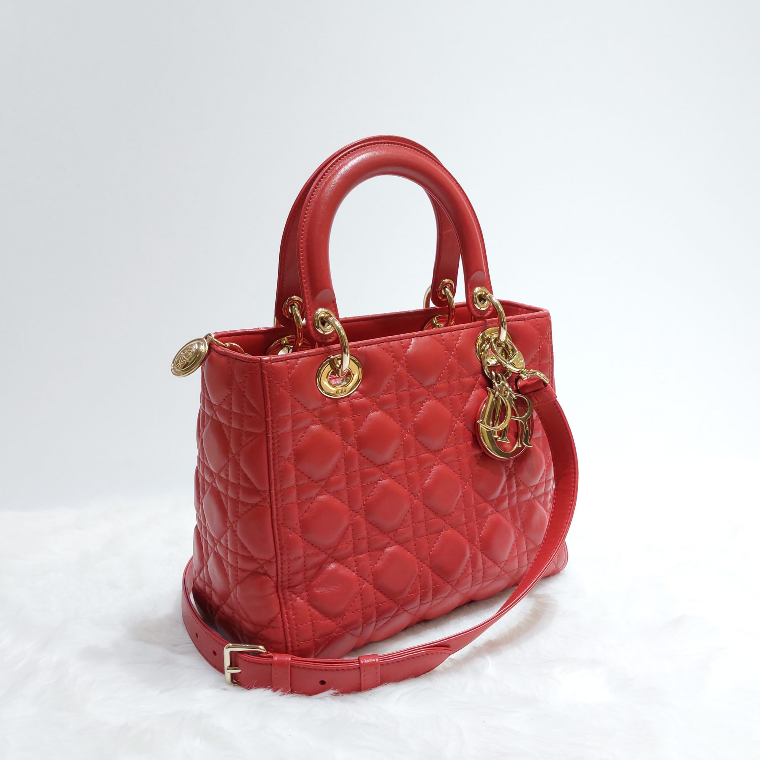 CHRISTIAN DIOR Lambskin Cannage Medium Lady Dior Red 1215999