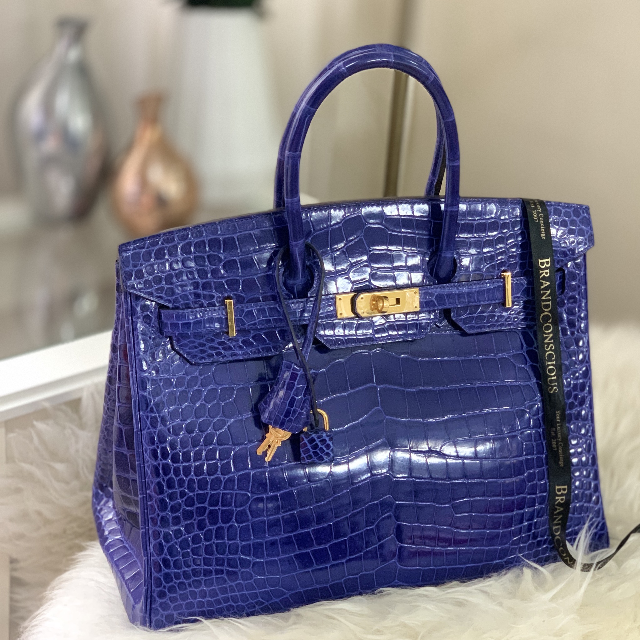 Hermes Birkin Blue Electric 35cm, Shiny Porosus Croc