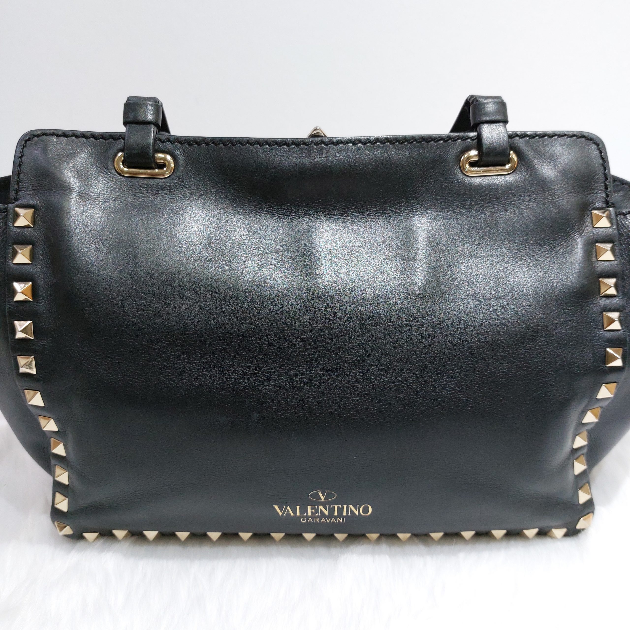 Valentino Black Patent Leather Studded Trapeze Tote, $2,545, SSENSE