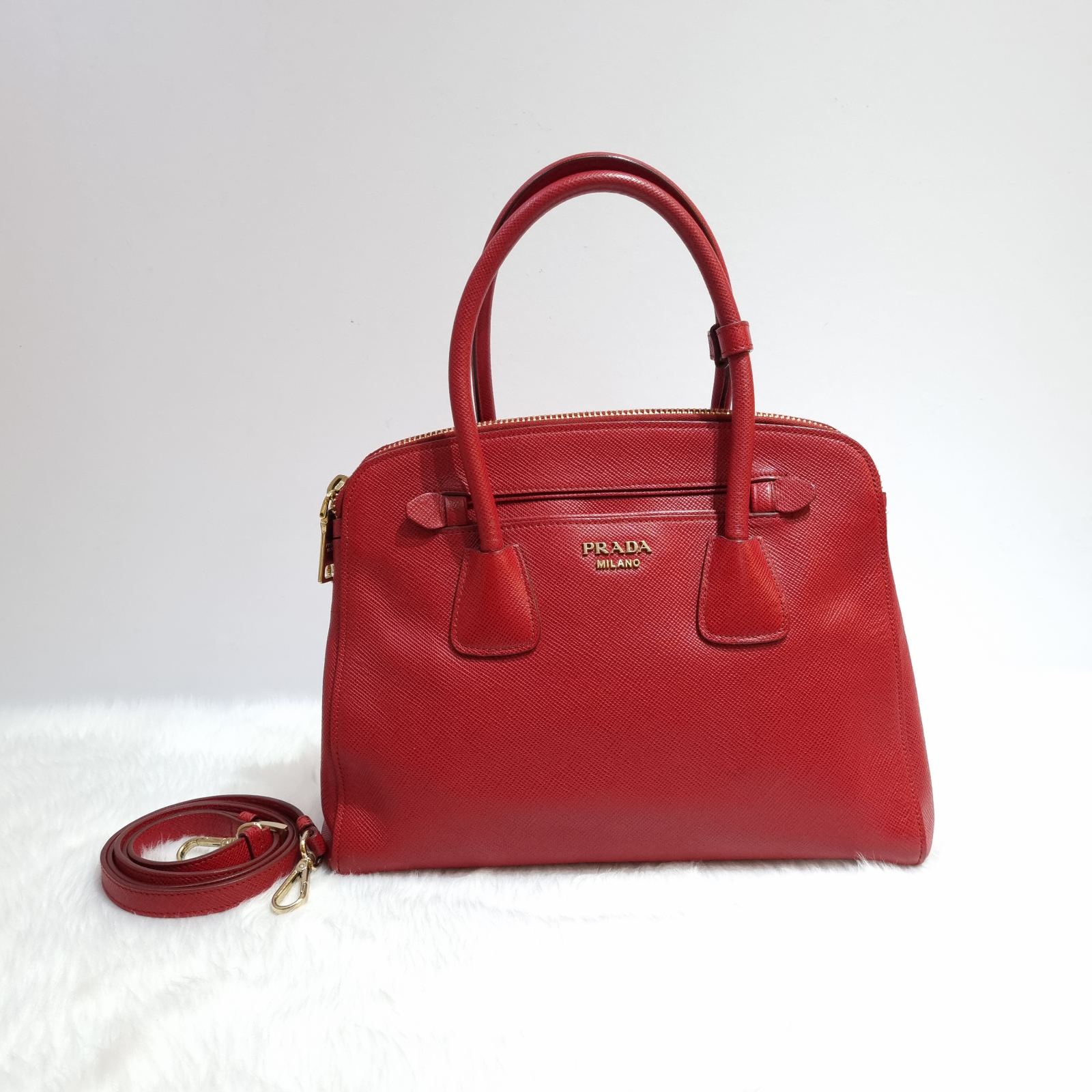 Prada Double Zip BN2569 Red Saffiano Leather Tote - BrandConscious  Authentics