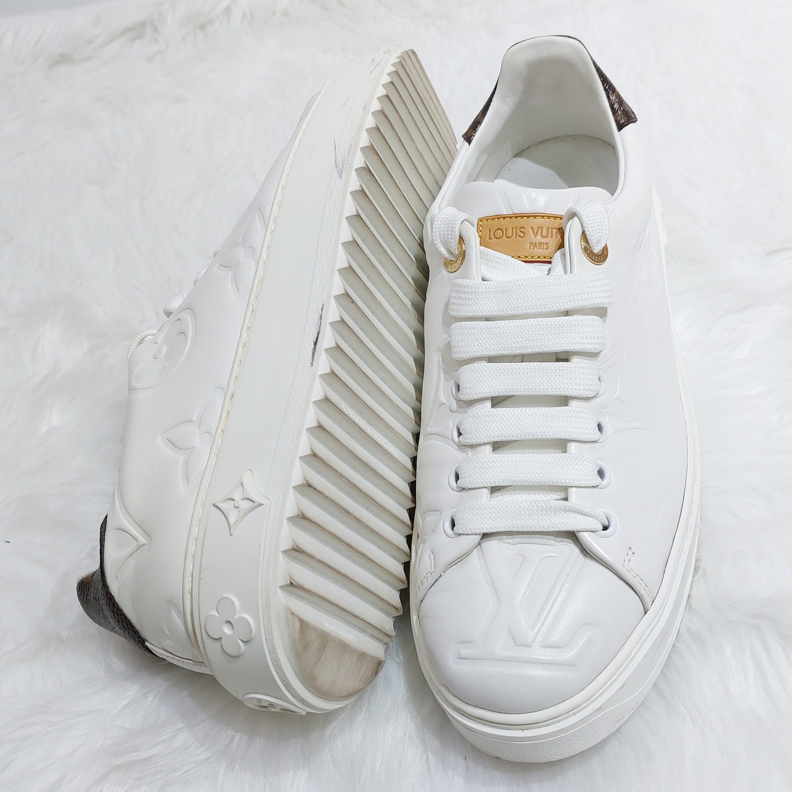 Louis Vuitton Lambskin Embossed Monogram Time Out Sneakers 38 White Used -  BrandConscious Authentics