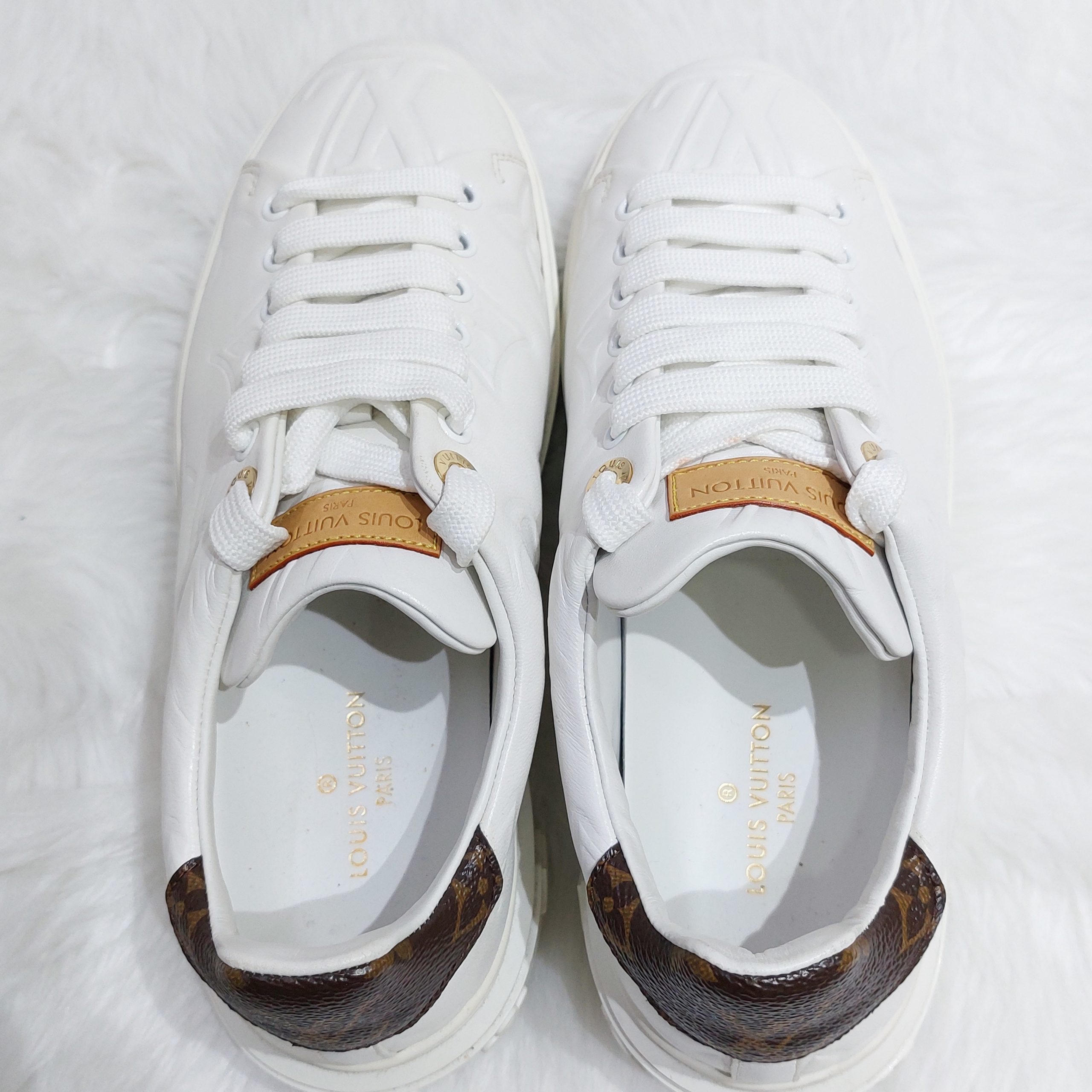 LOUIS VUITTON Lambskin Embossed Monogram Time Out Sneakers 36 White 1246826