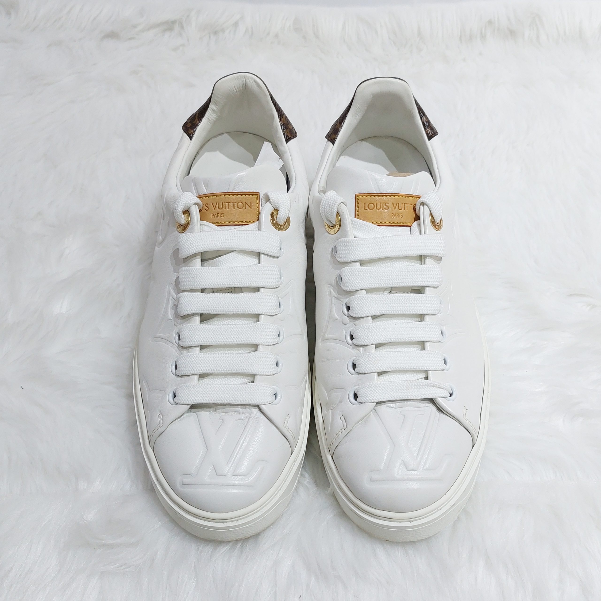 Louis Vuitton Lambskin Embossed Monogram Time Out Sneakers 38 White Used -  BrandConscious Authentics