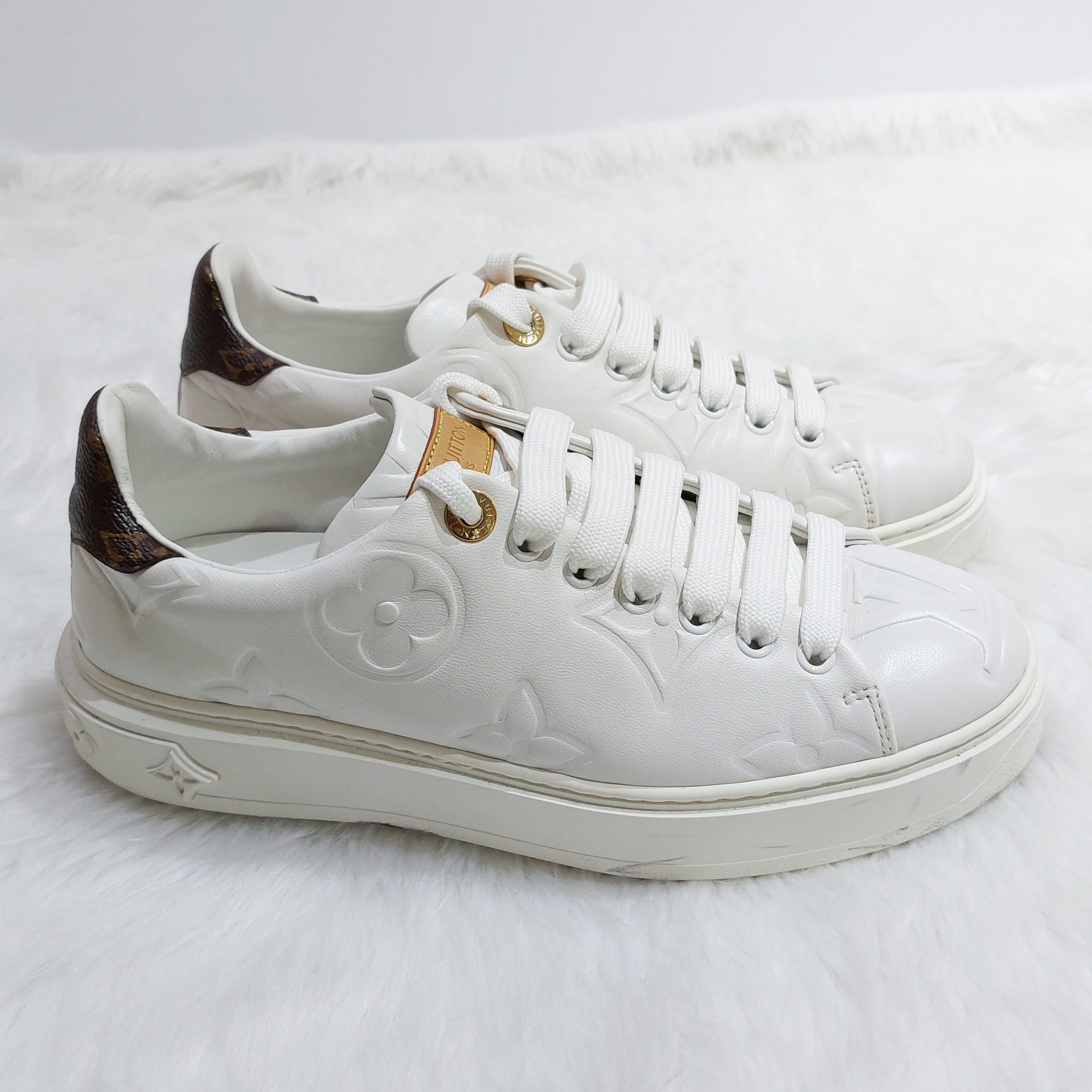 Louis Vuitton Women's Time Out Sneakers Monogram Print Leather White 2034483