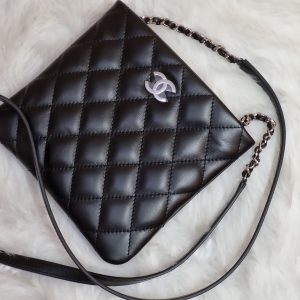 Chanel Uniform Quilted Bag Black Leather Zip Closure Short Strap Good  Condition